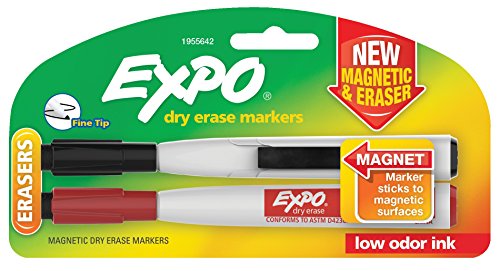 EXPO 1955642 Magnetic Dry Erase Markers with Eraser, Fine Tip, Assorted, 2-Count - color: Assorted Colors, size: 2 Count (Pack of 1), style: FINE