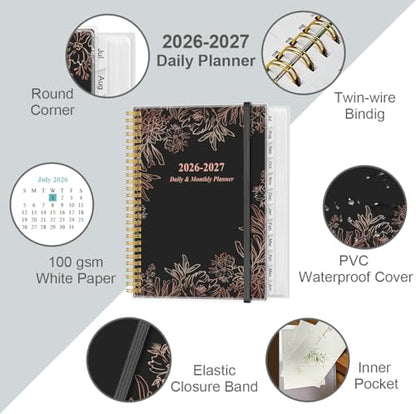 Daily Planner 2026-2027 Full Page Per Day- 2026-2027 Daily & Monthly Planner from July 2026 to June 2027, Day Planner 2026-27 with 12 Months Tabs, 8.5" x 11", Black Flowers - color: Black Flowers, size: 8.5" x 11"