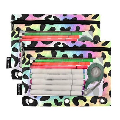 Pencil Pouch for 3 Ring Binder Trendy Neon Leopard Binder Pencil Case with Smooth Zipper Clear Window Pencil Case 2 Pack for Office School College Supplies - color: Trendy Neon Leopard