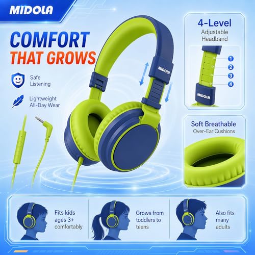 MIDOLA Kids Headphones for School Learning,Volume Limited 85/94dB, Foldable Lightweight Over-Ear Wired Headphones for Kids Toddler Girls Boys 3.5mm for Pad,Headsets with Built-in Mic DeepBlueSky - color: DeepBlueSky