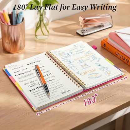 Hardcover Spiral Notebook Journal with Removable Dividers Tabs, 5 Subject Notebooks for Work School, 300 pages 8"x10" B5 leather Journal College Ruled, Cute Journal for women, Rose - color: Rose