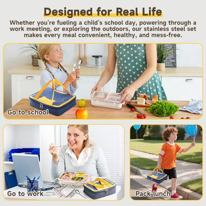 Stainless Steel Bento Lunch Box Set with Spoon, Fork & Insulated Lunch Bag, 25oz Leakproof Bento Box for Adults & Kids, Ideal for School, Home, Office, Picnic & Healthy meal prep containers (Beige) - color: Beige