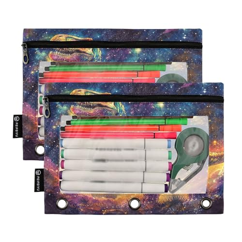 Galaxy T. Rex Binder Pouches 3 Ring for Boys Girls School Office College Supplies Anime Dinosaur Tyrannosaurus Dragon Pencil Pouches Case Bag with Clear Window and Zipper 2 Pack - color: T. Rex