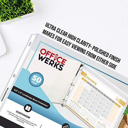 Performore 50 Sheet Protectors, Landscape Clear Sheet Protectors 8.5 X 11 Inch for 3 Ring Binder, Plastic Sheet Sleeves, Top Loading with 3 Hole-Punched Archival Safe, Non-Stick and Long-Lasting - size: 50 Pack