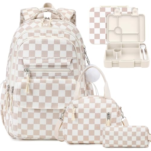 Bevalsa School Backpack for Girls, 4PCS Corduroy Kids Backpack Set with Bento Lunch Box, Insulated Bag, Pen Case & Utensils, 43oz Lunch Container School Bags for Children Teens Elementary Student - color: Khaki Checkerboard