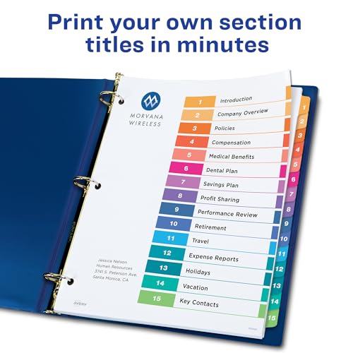 Avery 15 Tab Dividers for 3 Ring Binders, Customizable Table of Contents, Multicolor Tabs, 6 Sets (11197) - size: 6 sets