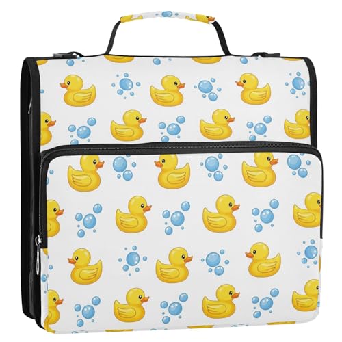 Zipper Binder Bag 3 Ring File Folder Portfolio Organizer Zippered Binder Bags with Strap Fits Laptop Women Men - color: Multi-yellow Duck White