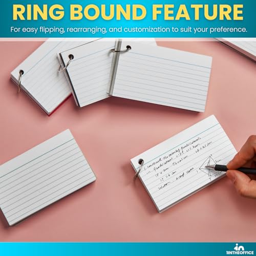 1InTheOffice Index Cards with Ring 3x5, Flash Cards with Binder Ring, Single Hole Punched Notecards, White, 100 Cards
