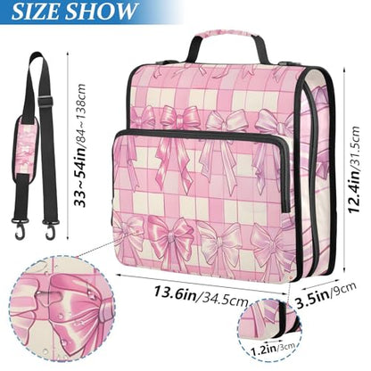 3 Ring Zipper Binder with Shoulder Strap Bow Tie Pink Buffalo Plaid 1.5 inch Binders Keeper Large Capacity Multi Pockets for School Office Supplies - color: Multi471, size: Fit 500 Sheets
