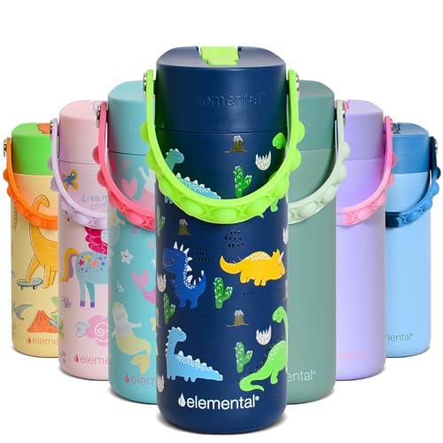 Elemental Insulated Kids Water Bottle, Stainless Steel Water Bottle with Straw Lid & Pop-It Handle, Leak-Proof Water Bottles for School, Boys or Girls, Travelling and Sports, 18oz - Dinosaur - color: Dinosaur