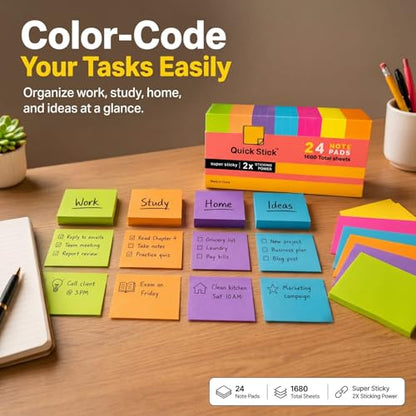 Sticky Notes, 24 Pads, 1680 Sheets Total, 3x3 in Bright Neon Colors, 2X Super Sticky Self-Stick Note Pads for Office, School, Home, Bulk Pack 70 Sheets Per Pad, Strong Hold Memo Notes