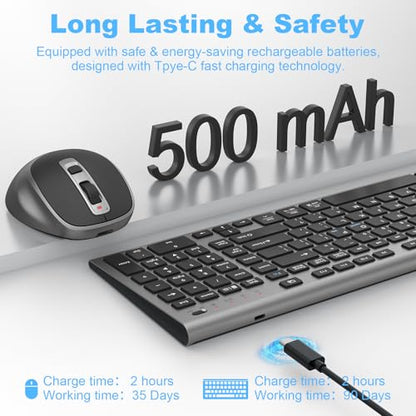 FENIFOX Wireless Keyboard and Mouse, Rechargeable USB C Combo Silent Quiet Compact Full Size Flat with Number Pad Soft Cover for Mac MacBook iMac Windows PC Laptop Computer Office - Black & Grey - color: Black Grey