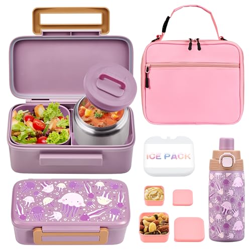 MAISON HUIS Bento Box for Kids with 8oz Soup Thermo, Insulated Lunch Bag & 17oz Water Bottle, 2-Compartment Bento Box with Built-In Ice Pack, Leak-Proof & BPA-Free - color: Pink2