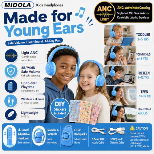 MIDOLA Kids Wireless Headphones Active Noise Cancelling Lightweight Bluetooth Headphone for Kid,Volume Limited 85/94dB Foldable Over-Ear Headset with Mic,68 Hours Playtime,for Toddler Child Blue - color: Blue