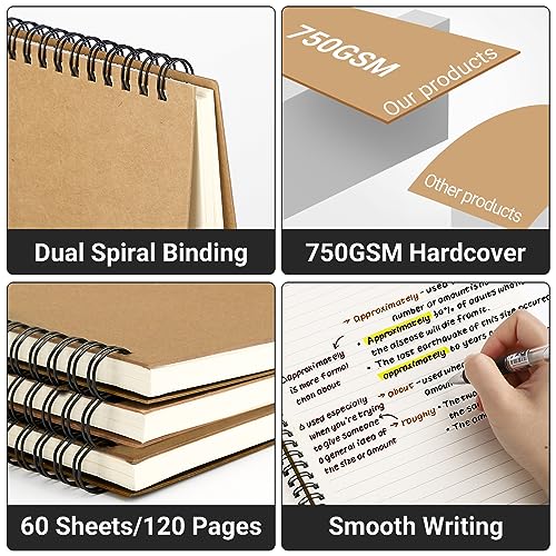 EUSOAR College Ruled Spiral Notebook, 6 Packs A4 11" x 8.5" Lined Journaling Notebooks, 120Pages/ 60Sheets Lined Composition Notebook for Women Men Student Office School Traveling Diary-Kraft - color: Kraft, size: 6Packs