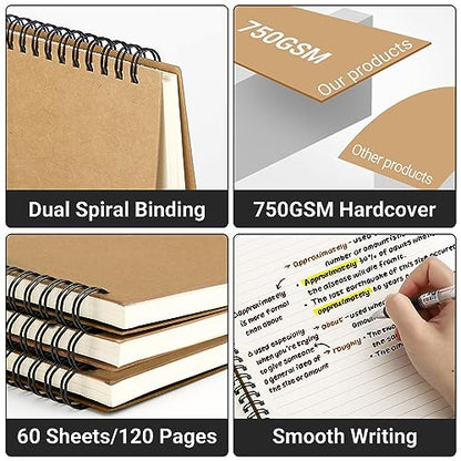 EUSOAR College Ruled Spiral Notebook, 6 Packs A4 11" x 8.5" Lined Journaling Notebooks, 120Pages/ 60Sheets Lined Composition Notebook for Women Men Student Office School Traveling Diary-Kraft - color: Kraft, size: 6Packs