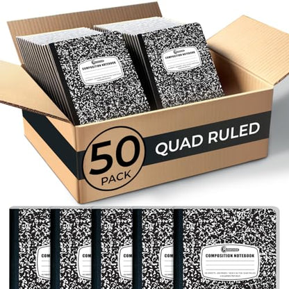 Rosmonde 50 Pack Graph Composition Notebook, 200 Pgs (100 Sheets) Bulk Graph Paper Composition Notebook for school, Bulk Graphing Notebook, 4x4 Grid, Quad Ruled Composition Book, Hard Sewn Bound Cover - size: 50 Bulk Value Pack, style: Black Marble