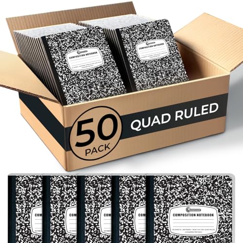 Rosmonde 50 Pack Graph Composition Notebook, 200 Pgs (100 Sheets) Bulk Graph Paper Composition Notebook for school, Bulk Graphing Notebook, 4x4 Grid, Quad Ruled Composition Book, Hard Sewn Bound Cover - size: 50 Bulk Value Pack, style: Black Marble