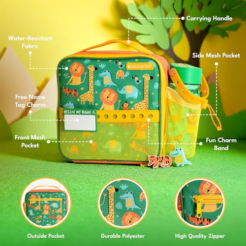 Elemental Insulated Lunch Bag for Kids, with Water Bottle Pocket & Charm Band, Fits Lunch Box, Lunch Bag for School to Keeps Food at Optimal Temperature, 3L - Jungle - color: Yellow