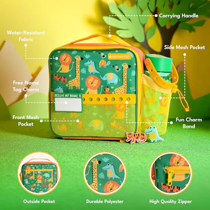 Elemental Insulated Lunch Bag for Kids, with Water Bottle Pocket & Charm Band, Fits Lunch Box, Lunch Bag for School to Keeps Food at Optimal Temperature, 3L - Jungle - color: Yellow