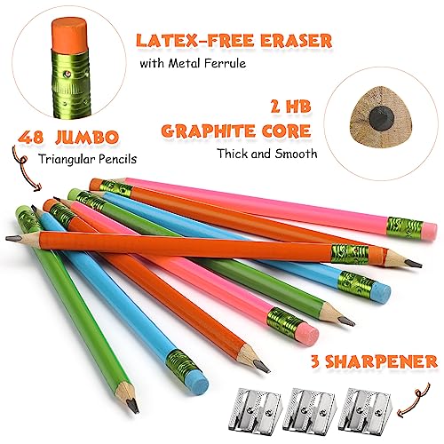 Fainne 48 Pcs Fat Pencils Jumbo Big Thick Large Pencils and 3 Pieces Sharpeners for Kids Beginners Preschoolers Kindergarten School Office Supplies(Multicolor,Triangle) - color: Multicolor, style: Triangle