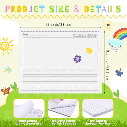 Eaasty 100 Sheets Story Writing Paper Bulk Handwriting Practice Paper for Kids Diary with Picture Story Space and Dotted Lines 11x8.5" Primary Composition Notebooks for Kindergarten Toddlers