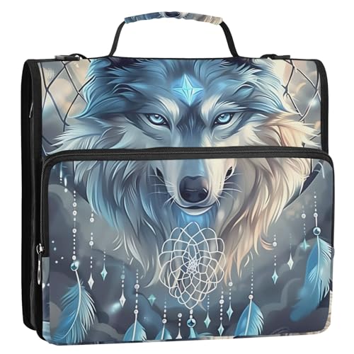 3 Ring Zipper Binder with Shoulder Strap Wolf Dream Catcher Wolves 1.5 inch Binders Keeper Large Capacity Multi Pockets for School Office Supplies - color: Multi587, size: Fit 500 Sheets