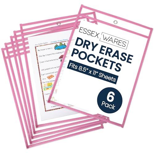 Essex Wares - 6 Pack, Pink, Dry Erase Pocket Document Protectors, 10" Wide x 13.5" Tall - Dry Erase Clear Plastic Sleeves - Reusable & Easy Erase Plastic Invoice Holders, Water-Resistant & Durable - color: Pink