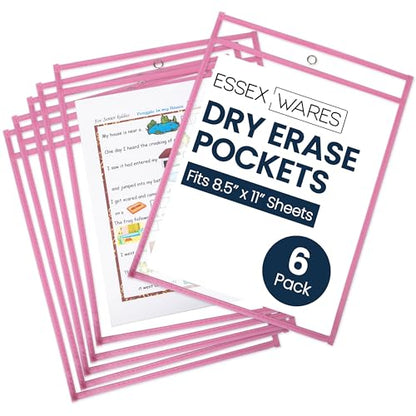 Essex Wares - 6 Pack, Pink, Dry Erase Pocket Document Protectors, 10" Wide x 13.5" Tall - Dry Erase Clear Plastic Sleeves - Reusable & Easy Erase Plastic Invoice Holders, Water-Resistant & Durable - color: Pink