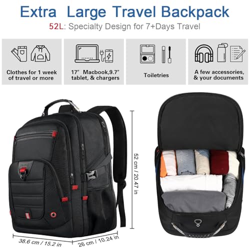 Z-MGKISS 52L Extra Large Travel Backpack for Men&Women, Fit 17.3" Laptops | LifetimeWarranty, Large Capacity, Long-Term Durability, TSA Friendly,Anti-Theft,Water Resistant,Business,College Rucksack Bag - color: Black, size: 17.3 Inch (20''x15''x10'')