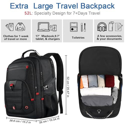 Z-MGKISS 52L Extra Large Travel Backpack for Men&Women, Fit 17.3" Laptops | LifetimeWarranty, Large Capacity, Long-Term Durability, TSA Friendly,Anti-Theft,Water Resistant,Business,College Rucksack Bag - color: Black, size: 17.3 Inch (20''x15''x10'')