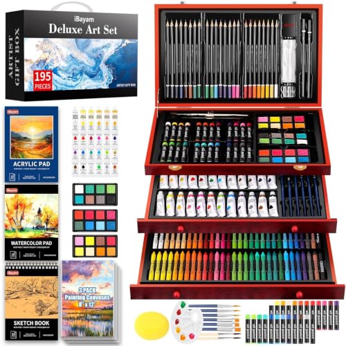 iBayam Art Supplies, 195-Pack Deluxe Drawing Painting Kit, 3 Sketchbook Set | 3 Canvases, Acrylic Paints, Watercolor, Colored Pencils, Crayons, Pastels, All in Wooden Case for Kids Teens Adults Artist - color: Reddish Brown