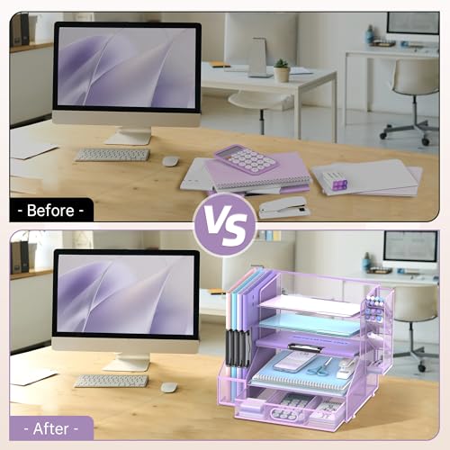 5-Tier Desk Organizer with File Holder & Pen Holder & Drawer, Purple | Mesh Metal Paper Letter Tray for Papers, Mail, Office Supplies, and Desk Accessories - color: Purple