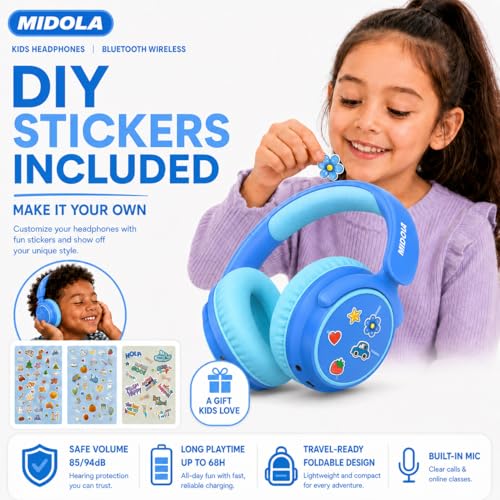 MIDOLA Kids Bluetooth Headphones 68H Play Time,Volume Limit 85/94dB, Foldable Lightweight Wireless Over-Ear Headphone for Kid Toddler Child Pad Tablet,Headsets with Built-in Mic Blue - color: Blue