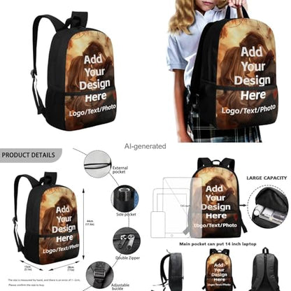 Customized Backpack for Girls Boys Backpack with Lunch Box Water Bottle Holder with Strap and Zipper Pencil Case 4PCS Set Bookbag with Front Pocket for School Teens 17 inch Sturdy School Bag - color: Customized