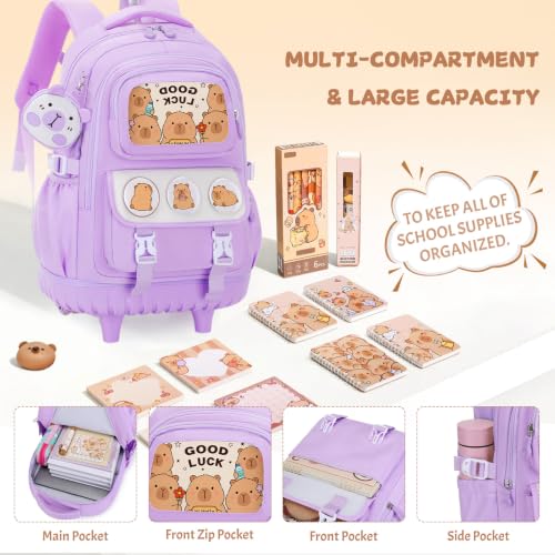 Capybara Rolling Backpack for Girls - 3PCS Girls Backpack Kids Suitcase with Lunch Box & Pencil Case Travel - Capybara Backpack with Wheels for Kindergarten Preschool Elementary (Purple) - color: Purple