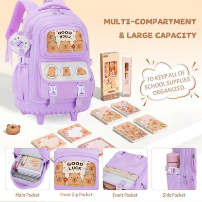 Capybara Rolling Backpack for Girls - 3PCS Girls Backpack Kids Suitcase with Lunch Box & Pencil Case Travel - Capybara Backpack with Wheels for Kindergarten Preschool Elementary (Purple) - color: Purple