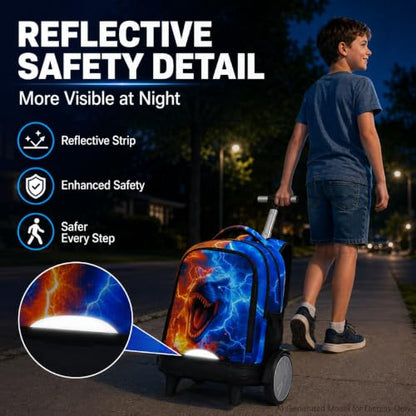 gxtvo Large Wheels & Quiet Glide | Rolling Backpack for Kids - Water-Resistant Wheeled Bag with Lunch Box for School, Travel & Outings - Fire & Lightning Dinosaur - color: Rolling Backpack Fire Lightning Dinosaur