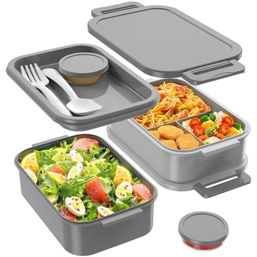 Jelife Adult Bento Box Lunch Box - 3 Layers Stackable Bento Lunch Box for Adults, 72oz Large-Style All-in-One Bento Boxes Leak-Proof Lunchbox with Utensil Sauce Containers for Dining Out,Work, Grey - color: 1-Grey