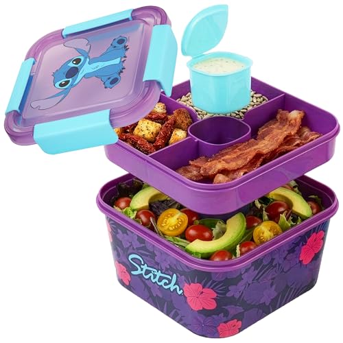 Disney Stitch Salad Container Bento Box for Kids, 70 Oz Portable Lunch Box, Leak Proof, BPA Free Multi Compartment Salad Bowl with Dressing Pot, Food Storage, Gifts For Girls (Multi Stitch) - color: Multi Stitch