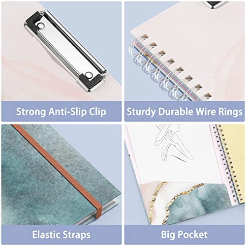 Rimilak Spiral Clipboard Folio with Refillable Lined Notepad, 14.5 x 9.8 In, Hardcover Cover with 5 Interior Pockets, Elastic Band and Pen Loop Series. Cute Stylish Clipfolio, Pink Gold Marble - color: Pink Gold Marble