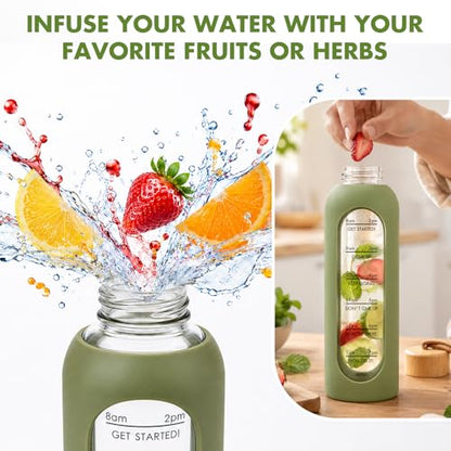 32 OZ Glass Water Bottles, Borosilicate Glass Bottle with Time Marker, 1 Liter Leak Proof Reusable BPA Free Motivational Water Bottles with Silicone Sleeve and Bamboo Lid (Green) - color: Green