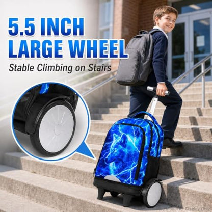 3Pcs Large Rolling Backpack for Boys, 20 Inch Detachable Wheeled Bookbag with Lunch Box, Durable Lightning Wolf Roller Backpack for Elementary Middle School (Blue) - color: Large Wheels Wolf Blue
