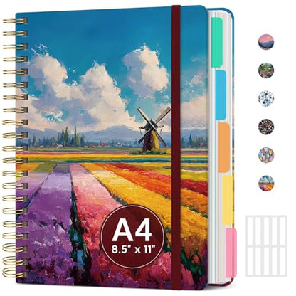 Large Spiral Lined Notebook for Work with Dividers & Tabs, 8.5"x11" Hardcover 5 Subject Notebook, College Ruled, 280 Pages, Tulip Fields - color: K - Tulip Fields