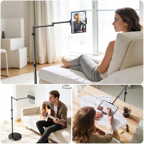elitehood Heavy Duty Aluminum iPad Stand for Bed with Long Swivel Arm, Floor Tablet Holder for Bed Recliner Sofa, Adjustable iPad Floor Stand Holder, Fits Tablet, Kindle, iPhone and 4.7-13in Devices