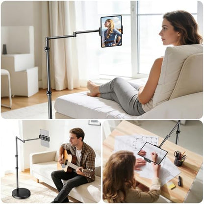 elitehood Heavy Duty Aluminum iPad Stand for Bed with Long Swivel Arm, Floor Tablet Holder for Bed Recliner Sofa, Adjustable iPad Floor Stand Holder, Fits Tablet, Kindle, iPhone and 4.7-13in Devices