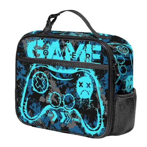 WOBAGMEN Game Lunch Box for Kids, Cute Insulated Lunch Bag for Boys Girls,Waterproof Lunch Box with Water Bottle Holder for Teens Adults Picnic Travel Back to School (Blue Game) - color: Blue Game