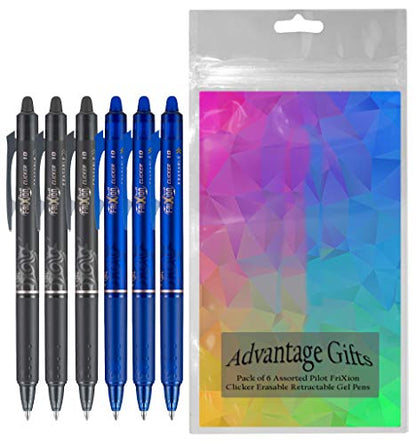 FriXion Clicker Retractable Erasable Gel Pen, Black/Blue, Bold Point, 6-pk; Bundle with Plastic Reusable Pouch