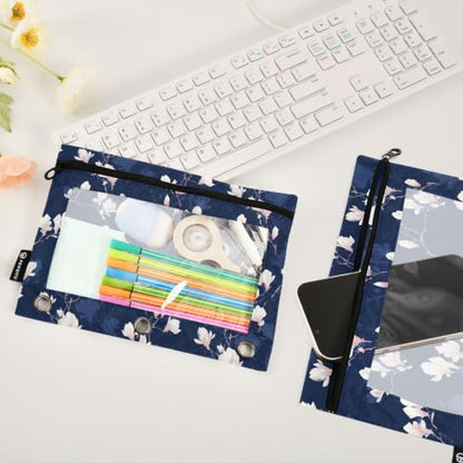 Gredecor 3 Ring Binder Pencil Pouch, Magnolia White Flowers on Navy Blue Zippered Pen Case Pouches with Clear Window, 2 Pack Stylish Office & School Supplie - color: Magnolia White Flowers on Navy Blue