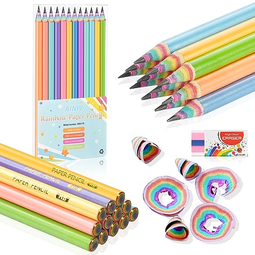 Ainiv 12PCS Eco-friendly Wood & Plastic Free Recycled Rainbow Paper Pencils #2 HB Pencils Number 2 Pencils Erasers Toppers with Pencil Sharpener, Macaron Paper Pencils for School and Office Supplies - color: Macaron, style: 12 COUNT